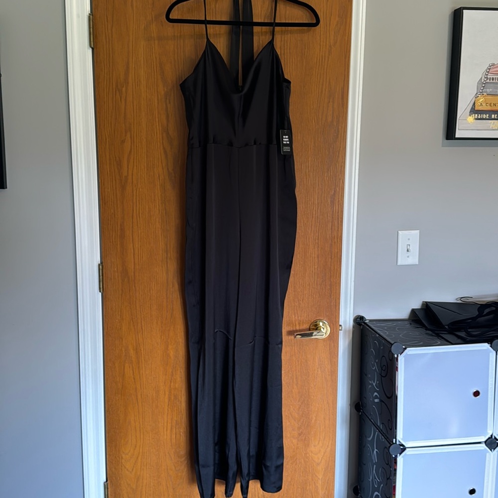 Satin black jumpsuit w removable belt